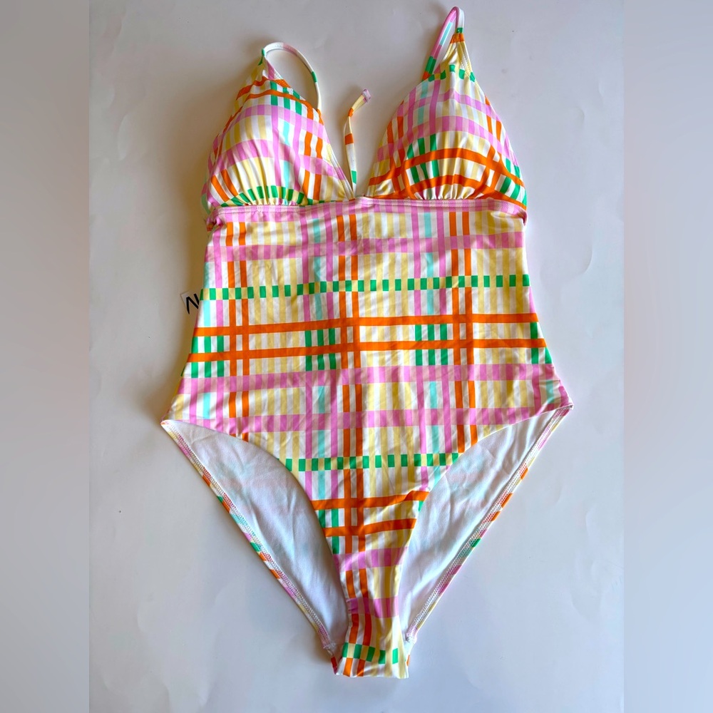 Vero Moda Women's Large One Piece Swimsuit Plaid Dea Print White Full Coverage